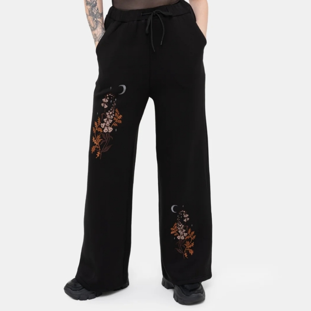 Disturbia Black Wide-Leg Joggers with Floral & Moon Embroidery